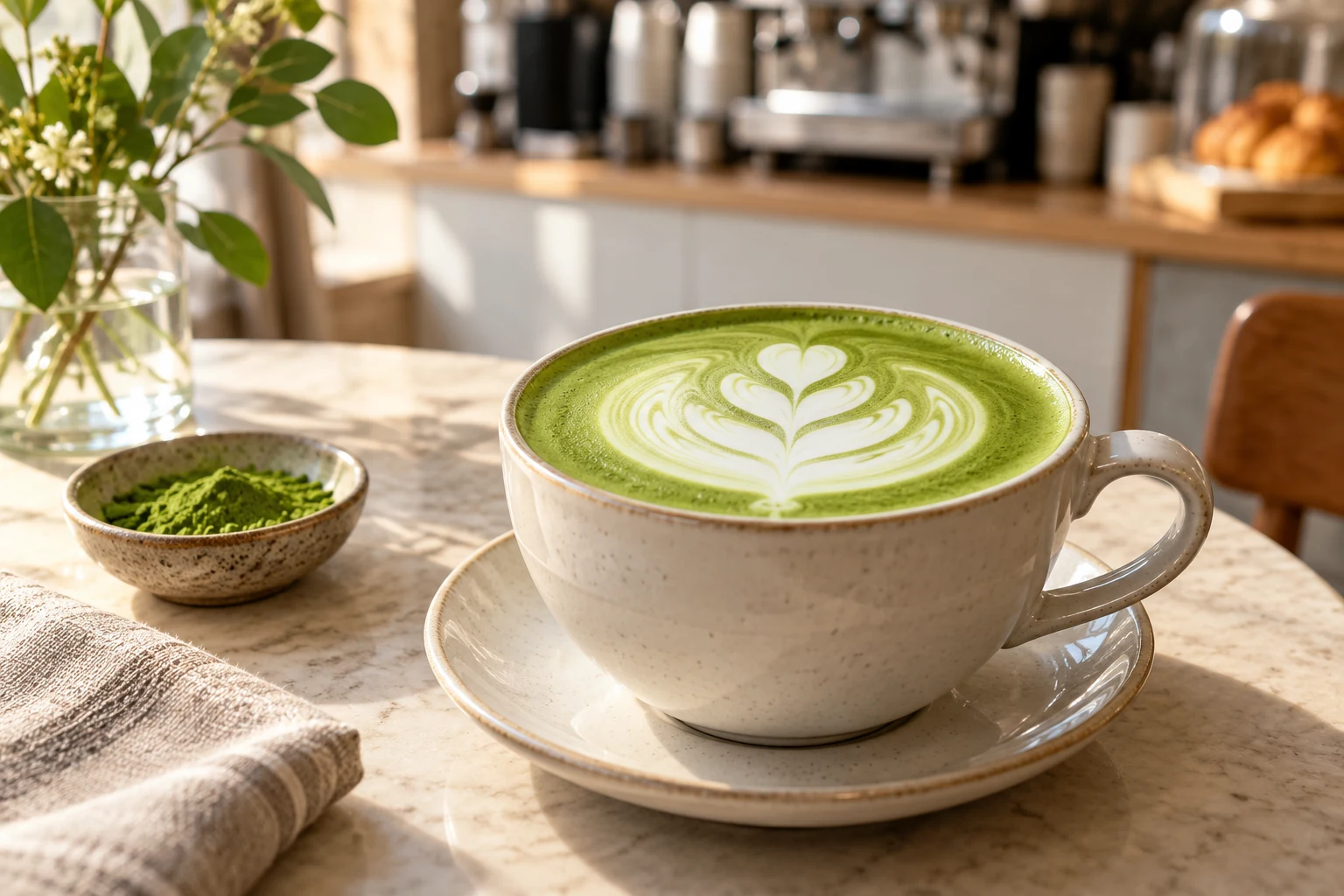 Matcha latte with milk latte art in a café cup