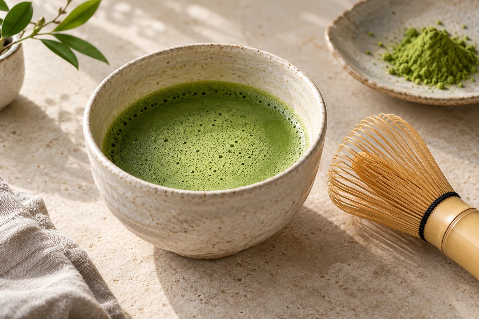 Whisked matcha tea in a ceramic bowl with a bamboo whisk