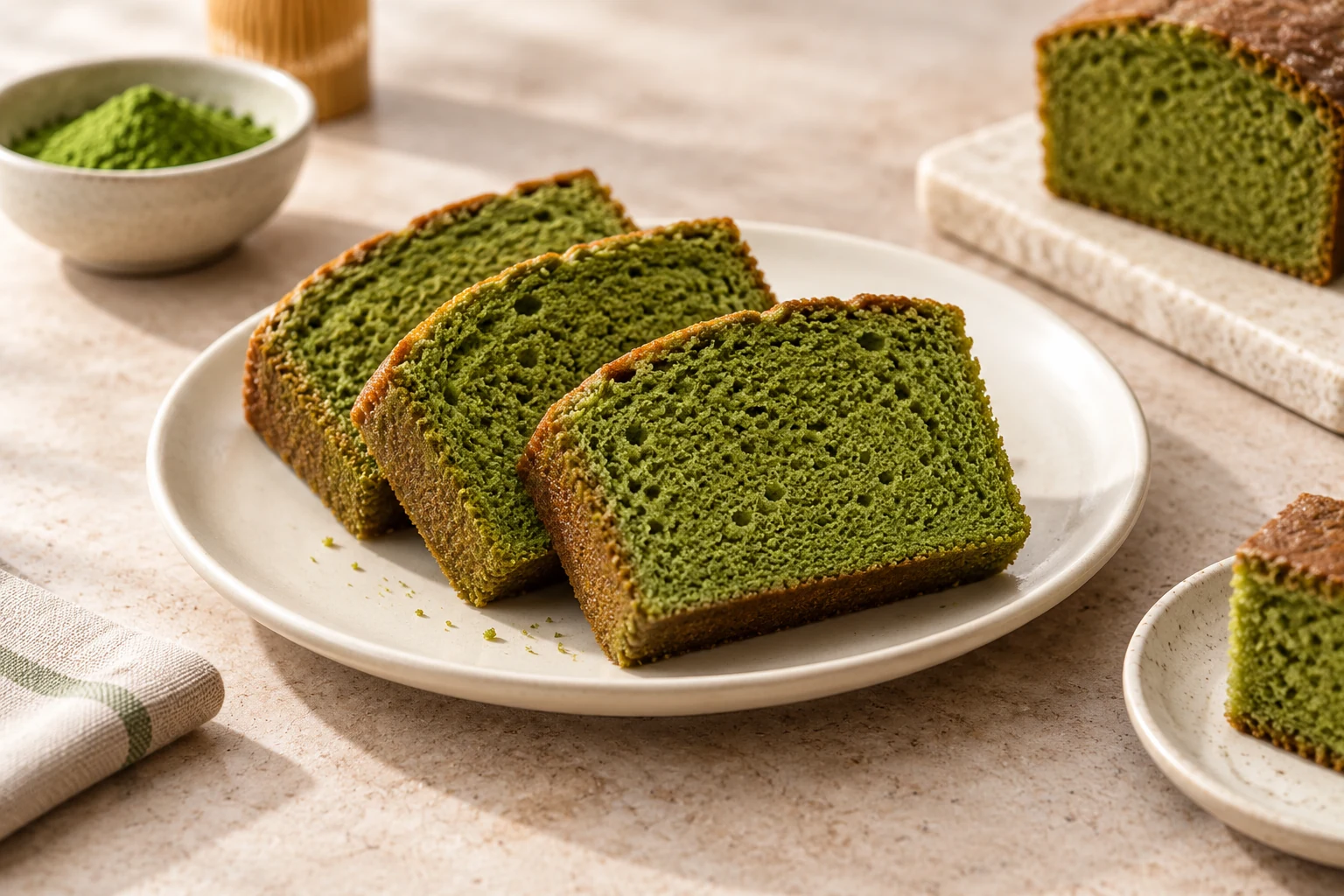 Slices of green matcha sponge cake on a plate
