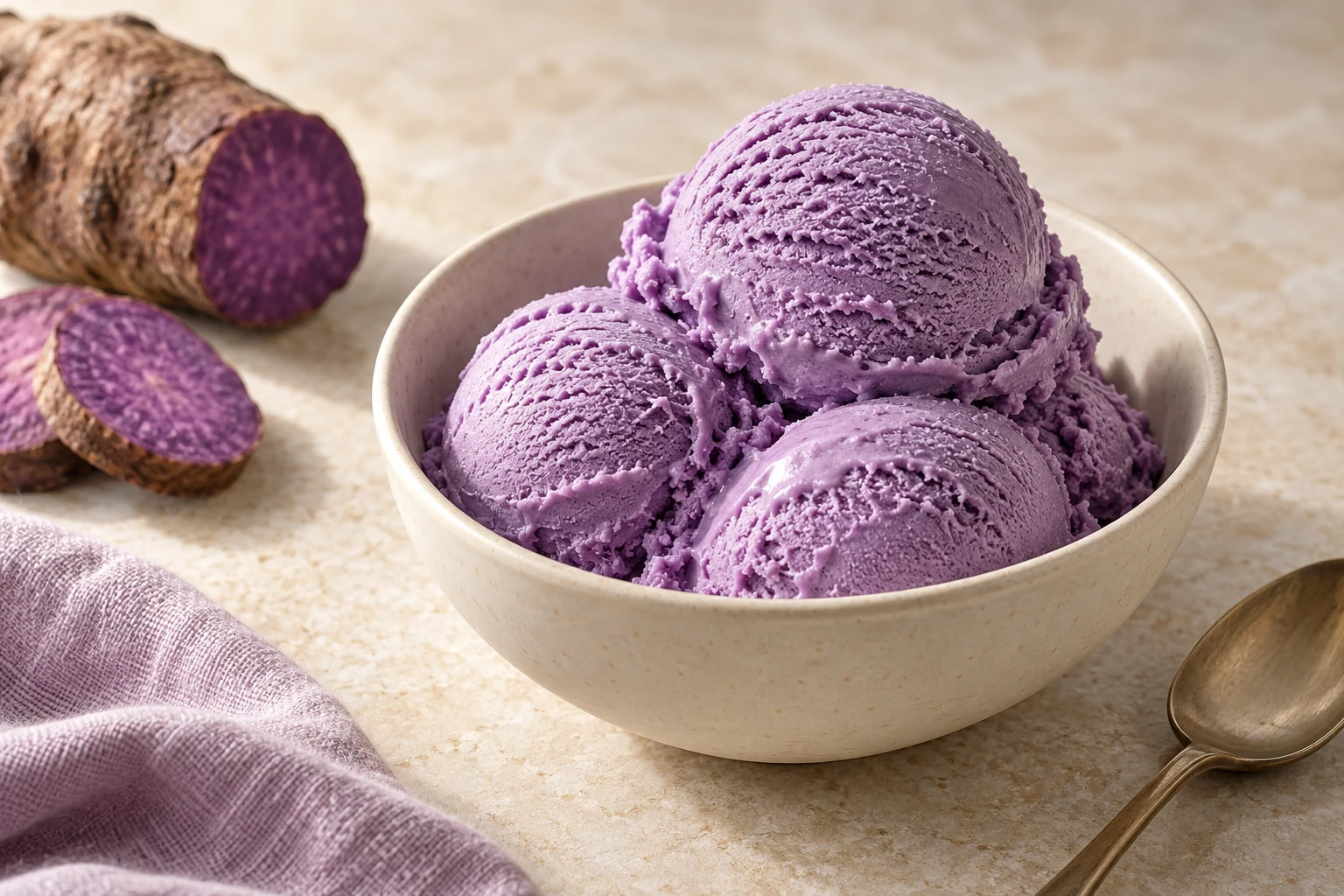 Lavender ube ice cream served in a ceramic bowl